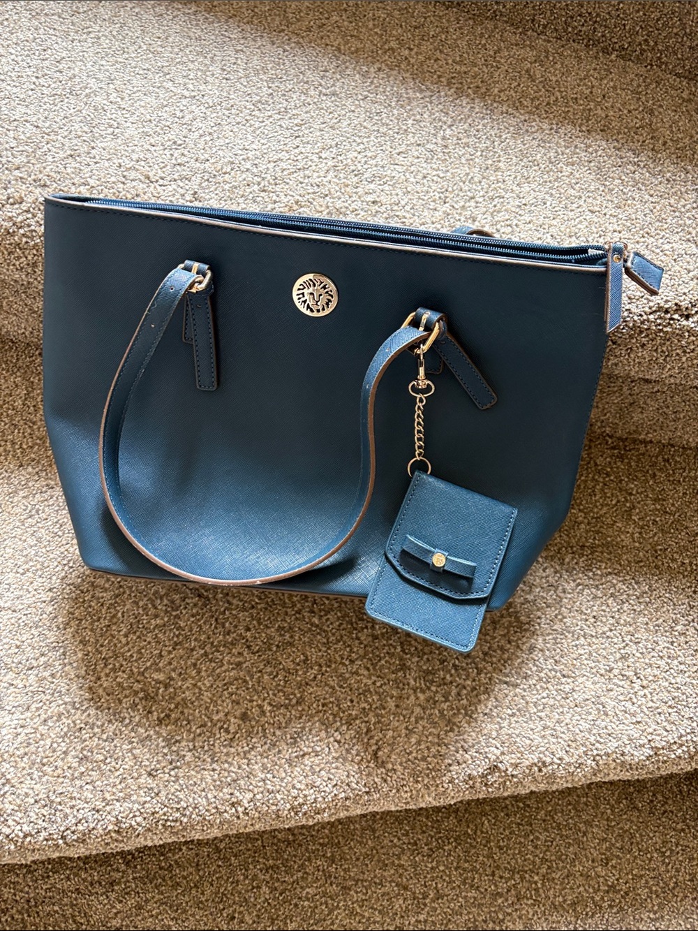 Anne Klein Teal Blue Tote with Card Pouch and Logo Medallion